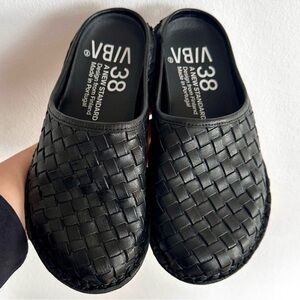 VIBAe Roma Black Woven Leather Mules Minimalist Slip-On Comfort Shoes Size 38